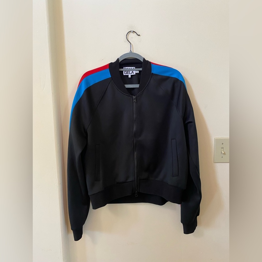 Pam & Gela Cropped Bomber Jacket Colorblock Black Blue Red Size L